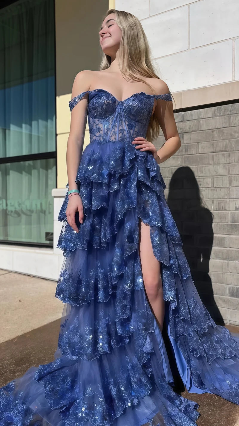 Charming Applique Tiered A-Line Senior Prom Dress, Long Party Gown,AST1622
