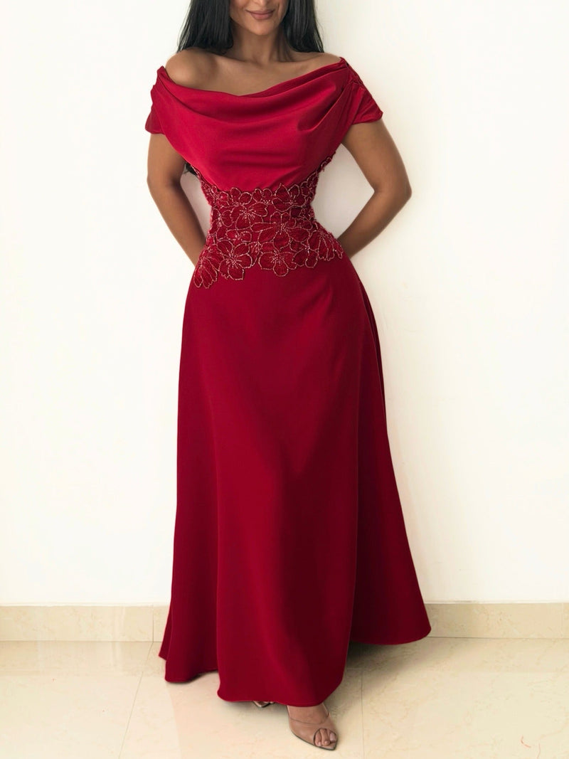 Charming Burgundy Off-the-Shoulder Prom Dress Sleeveless with Beading