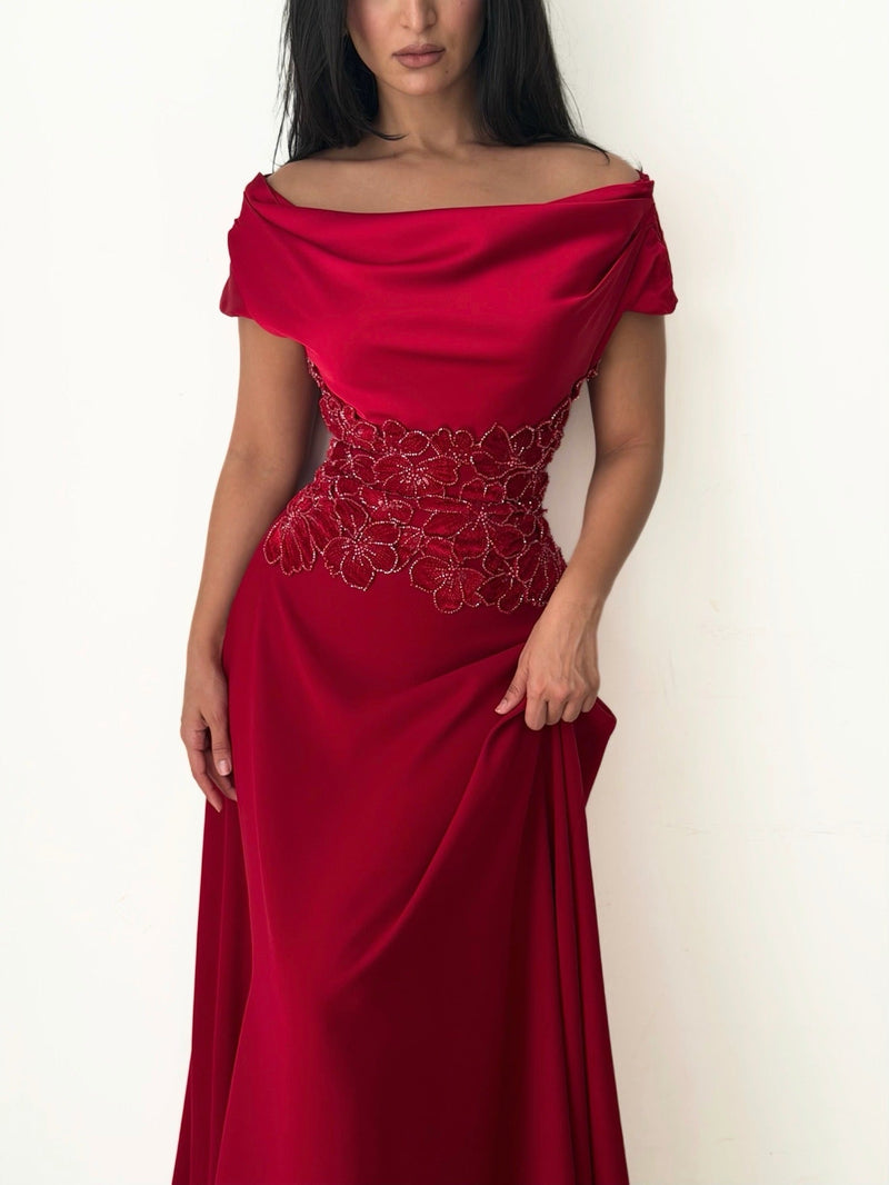 Charming Burgundy Off-the-Shoulder Prom Dress Sleeveless with Beading