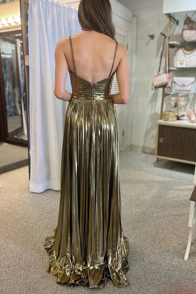 Charming Gold Halter Sleeveless A-Line Prom Dress Pleated with Slit