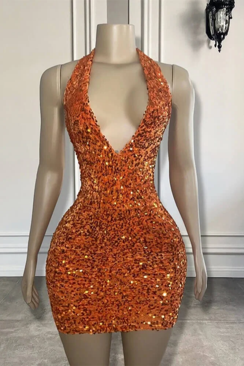 Charming Halter V-neck Backless Sequins Sparkly Homecoming Dress