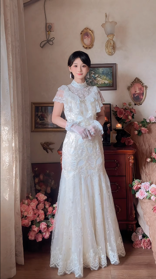 Charming Lace Mermaid Wedding Dress With Gloves Short Sleeve Lace Bridal Dress
