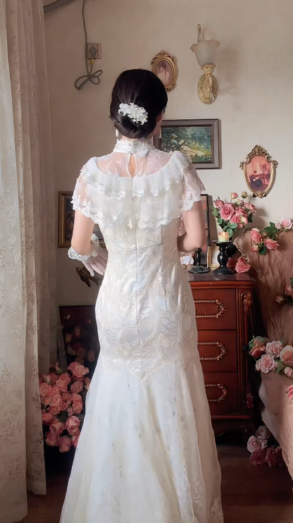 Charming Lace Mermaid Wedding Dress With Gloves Short Sleeve Lace Bridal Dress