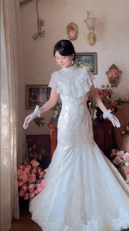 Charming Lace Mermaid Wedding Dress With Gloves Short Sleeve Lace Bridal Dress