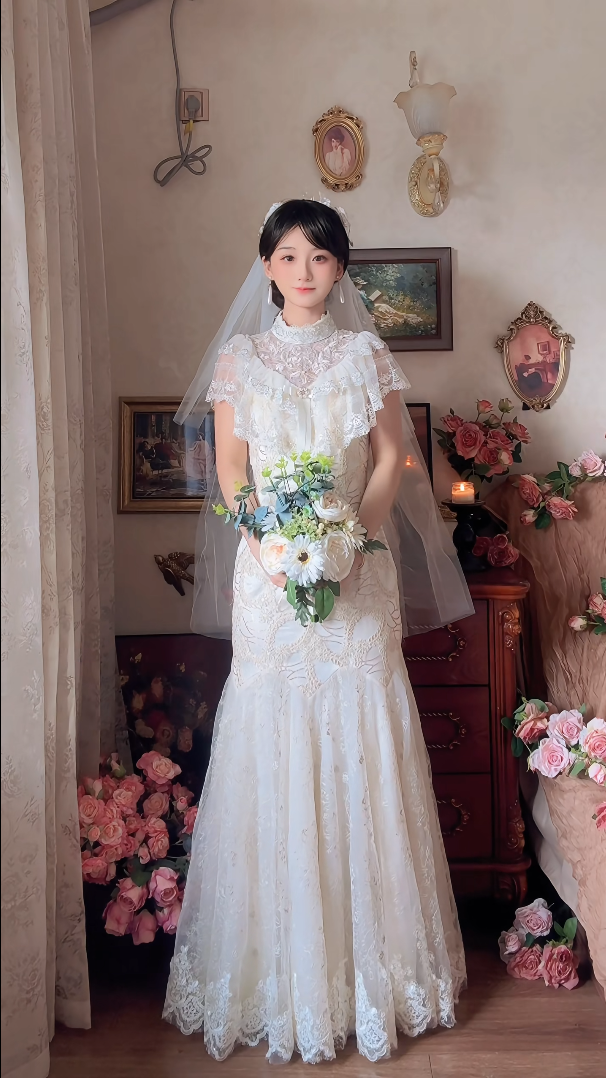 Charming Lace Mermaid Wedding Dress With Gloves Short Sleeve Lace Bridal Dress
