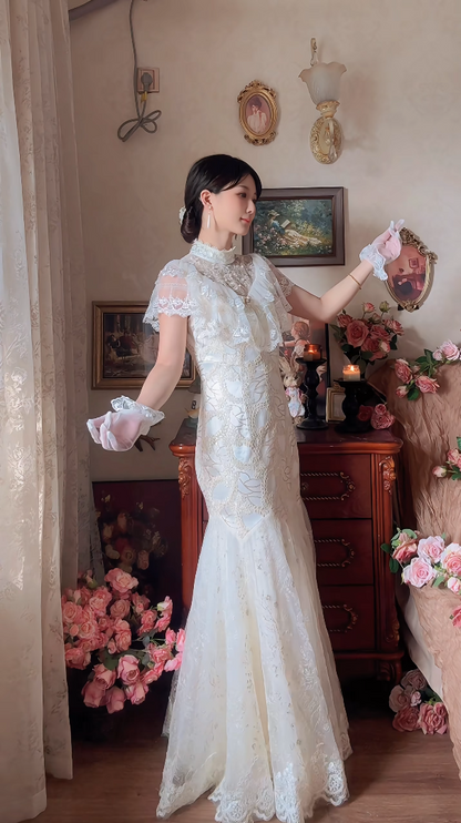 Charming Lace Mermaid Wedding Dress With Gloves Short Sleeve Lace Bridal Dress