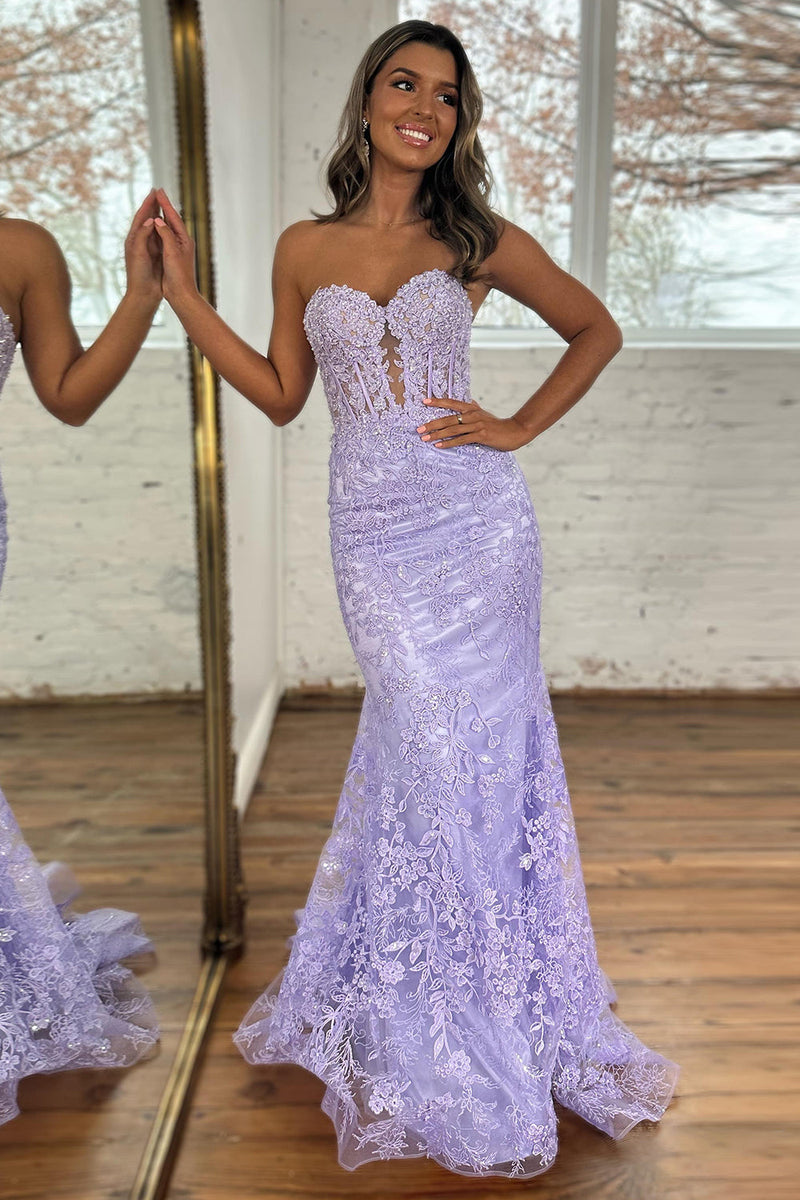 Charming Mermaid Sweetheart Lavender Lace Long Prom Dresses with Appliques