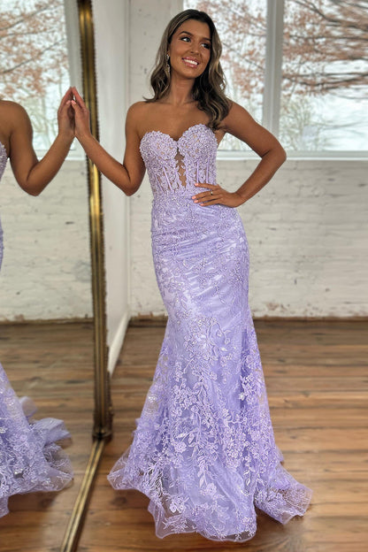 Charming Mermaid Sweetheart Lavender Lace Long Prom Dresses with Appliques
