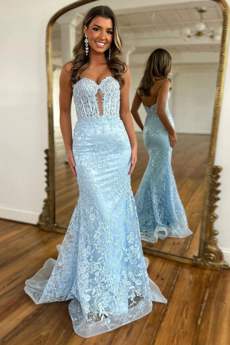 Charming Mermaid Sweetheart Lavender Lace Long Prom Dresses with Appliques