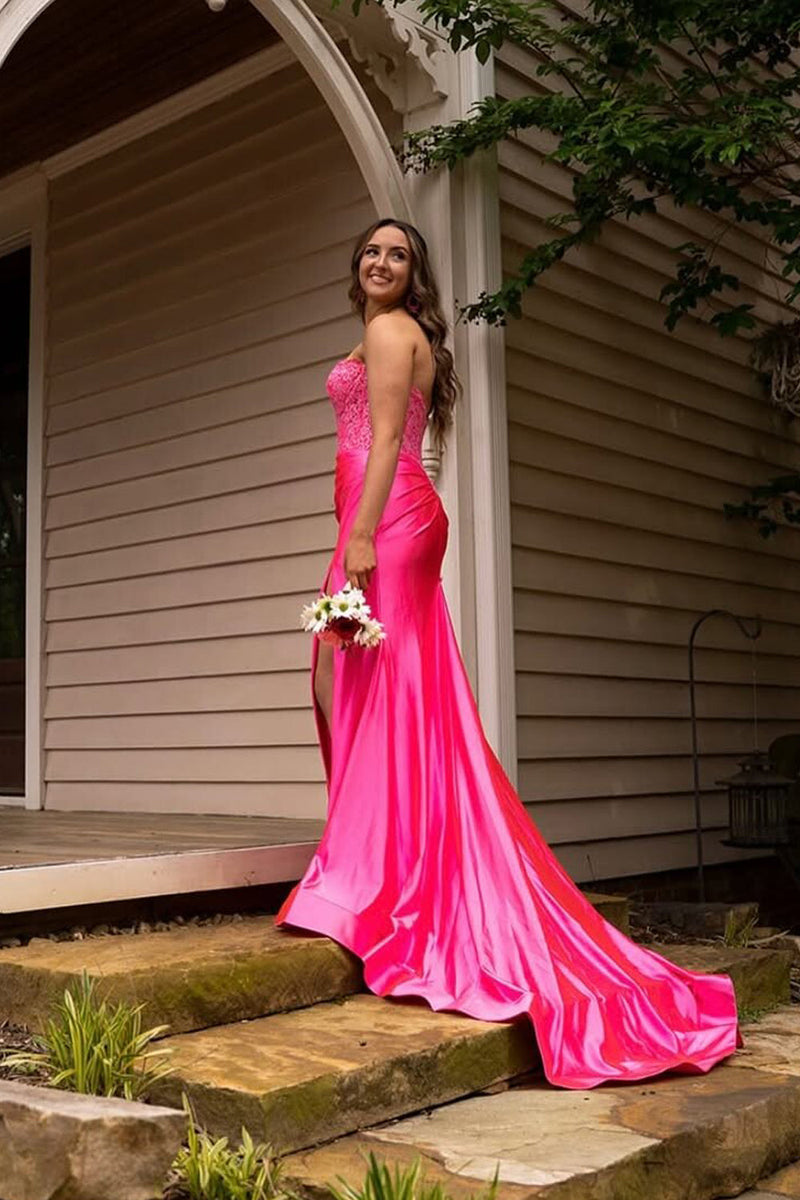 Charming Mermaid Sweetheart Pink Satin Prom Dress with Slit