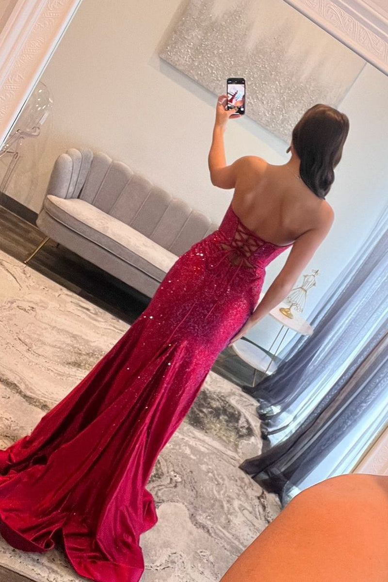 Charming Mermaid Sweetheart Satin Slit Prom Dresses with Beading