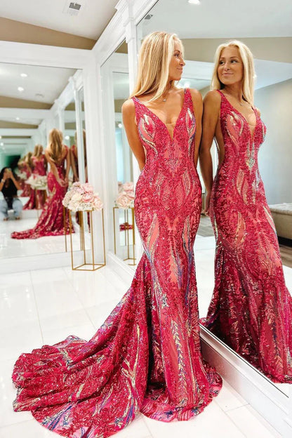 Charming Mermaid V Neck Blue Gold Sequins Long Prom Dresses