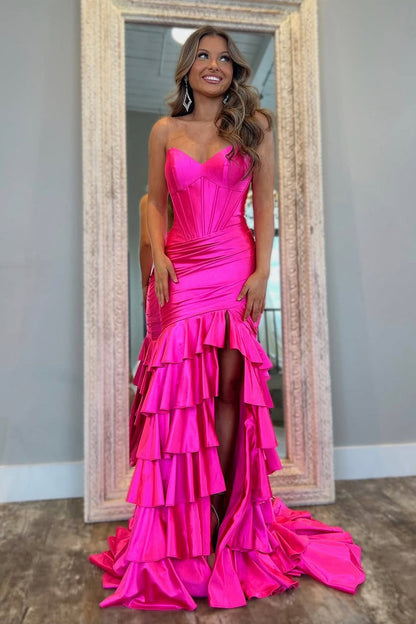Charming Mermaid V Neck Pink Satin Tiered Prom Dress with Slit