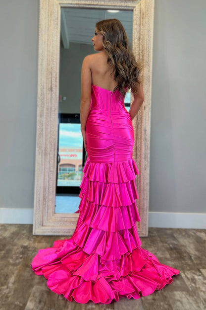 Charming Mermaid V Neck Pink Satin Tiered Prom Dress with Slit
