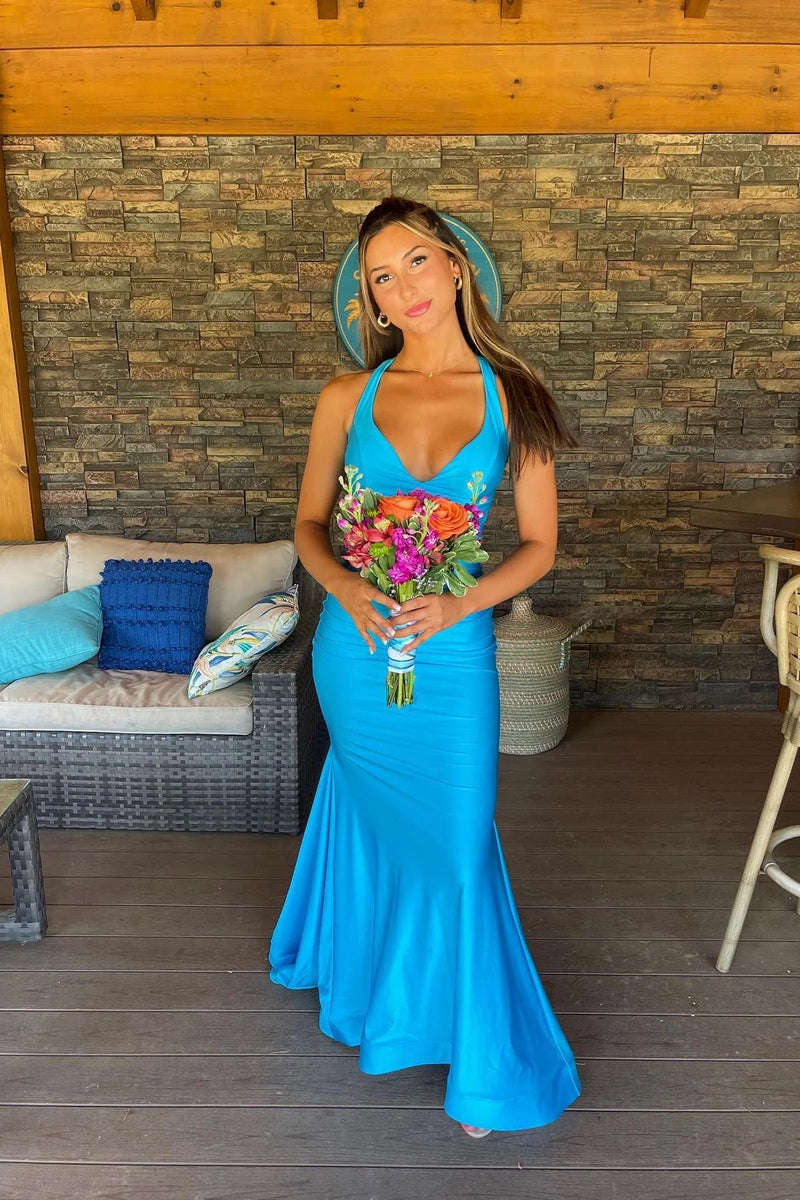 Charming Mermaid V Neck Stretch Satin Blue Prom Dress