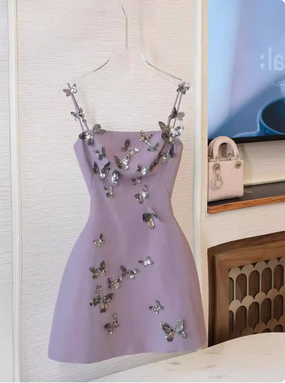 Charming Purple Butterfly Strap Satin 17th Birthday Homecoming Dress