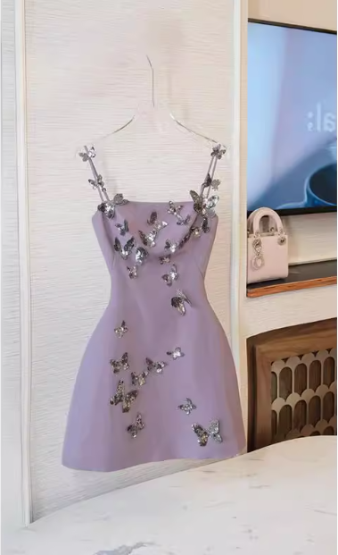 Charming Purple Butterfly Strap Satin 17th Birthday Homecoming Dress