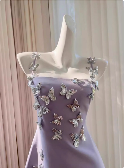 Charming Purple Butterfly Strap Satin 17th Birthday Homecoming Dress