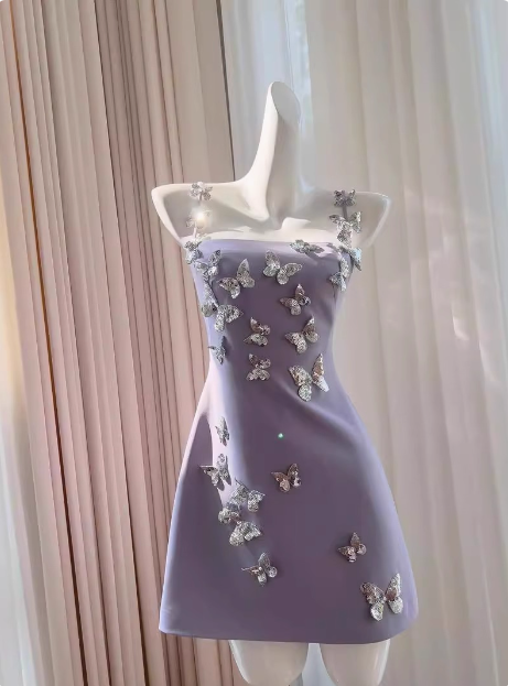 Charming Purple Butterfly Strap Satin 17th Birthday Homecoming Dress