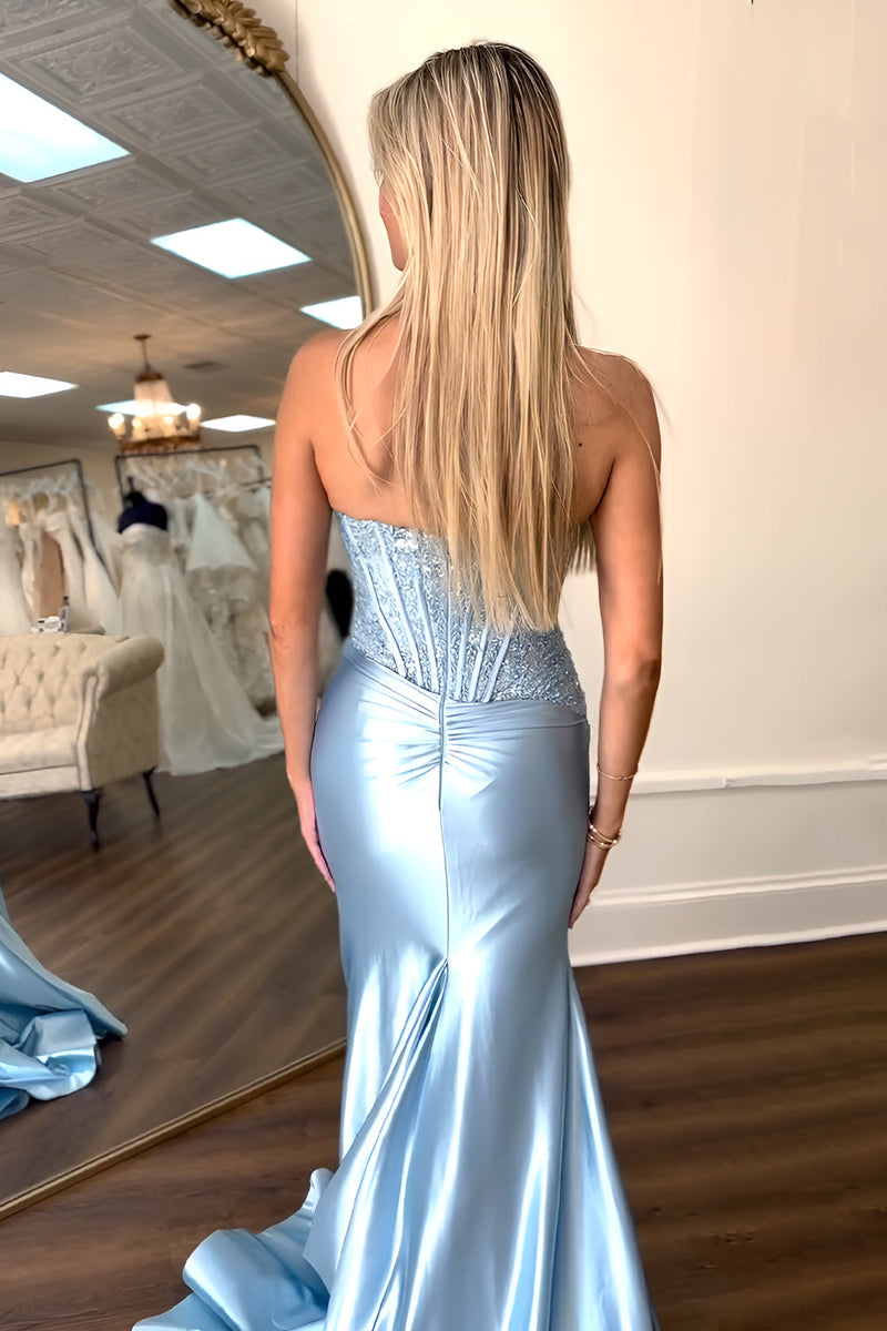 Charming Satin Mermaid Prom Dress in Fuchsia with Strapless Lace Top and Slit