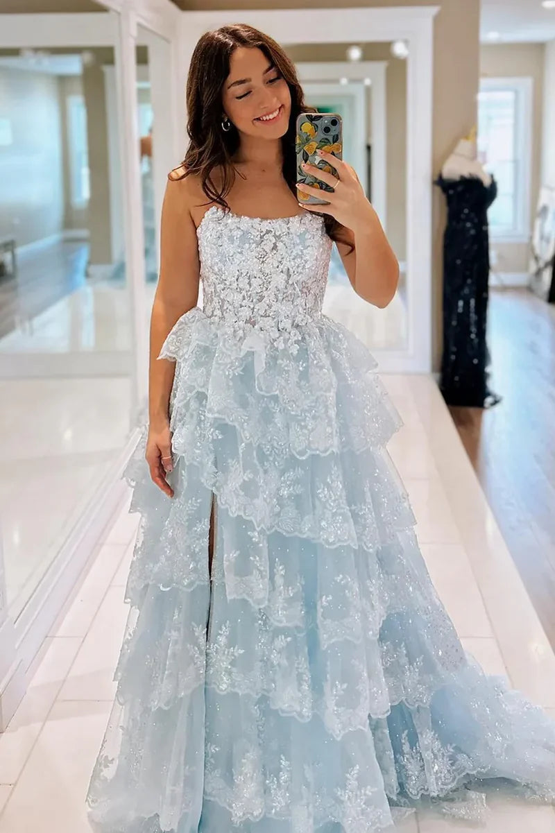 Charming Strapless Appliques Sage Green Prom Dresses Lace Ruffle Slit Evening Party Dress,AST2191