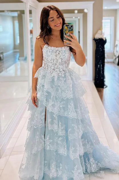Charming Strapless Appliques Sage Green Prom Dresses Lace Ruffle Slit Evening Party Dress,AST2191