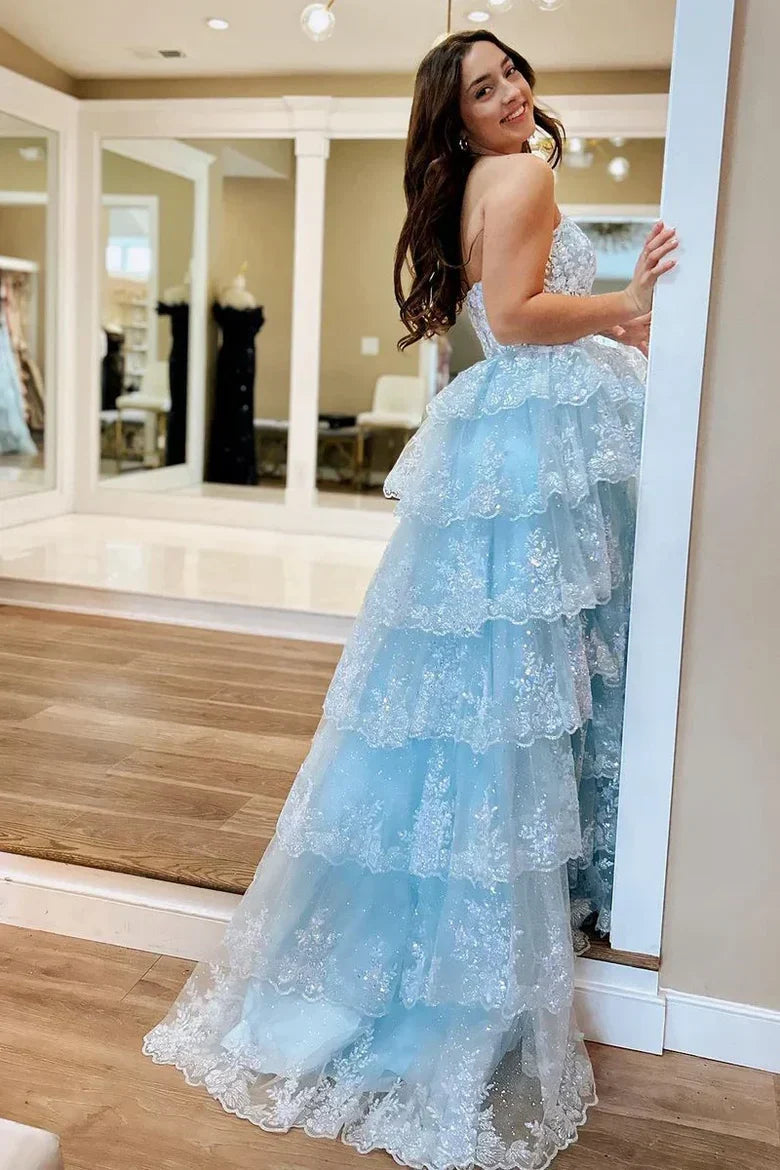 Charming Strapless Appliques Sage Green Prom Dresses Lace Ruffle Slit Evening Party Dress,AST2191