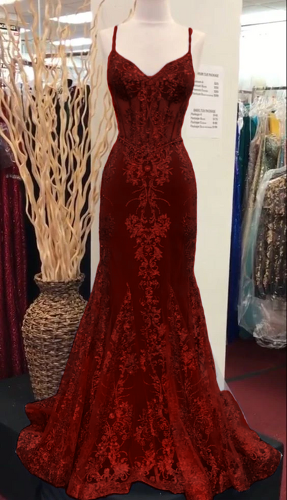 Charming V Neck Lace Mermaid Prom Dress Long Evening Dress