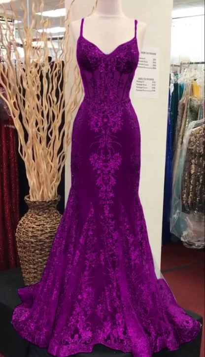 Charming V Neck Lace Mermaid Prom Dress Long Evening Dress