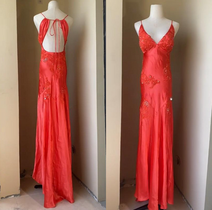 Chic A-Line Evening Dress Satin Spaghetti Straps Green Vintage Backless Long Prom Dresses