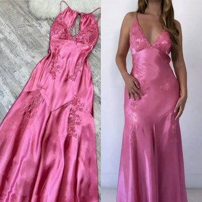 Chic A-Line Evening Dress Satin Spaghetti Straps Green Vintage Backless Long Prom Dresses