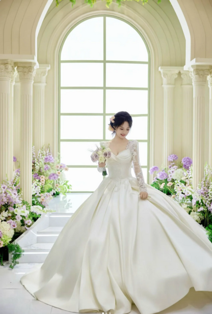 Chic A-Line Long Wedding Dresses Satin White Bridal Dresses Beaded Long Sleeves Bridal Gown