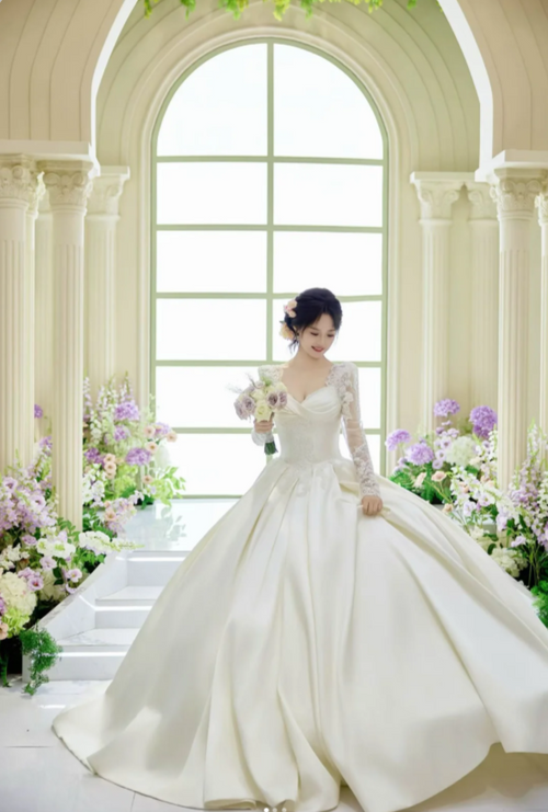 Chic A-Line Long Wedding Dresses Satin White Bridal Dresses Beaded Long Sleeves Bridal Gown