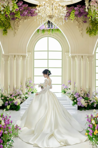 Chic A-Line Long Wedding Dresses Satin White Bridal Dresses Beaded Long Sleeves Bridal Gown