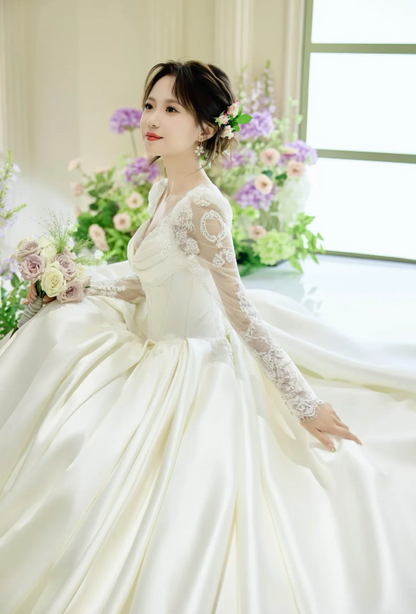 Chic A-Line Long Wedding Dresses Satin White Bridal Dresses Beaded Long Sleeves Bridal Gown