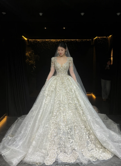 Chic A-Line Long Wedding Dresses Tulle White Bridal Dresses Beaded Long Sleeves Bridal Gown