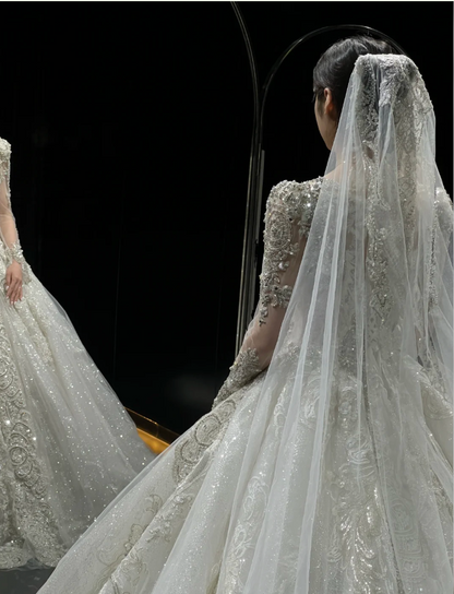 Chic A-Line Long Wedding Dresses Tulle White Bridal Dresses Beaded Long Sleeves Bridal Gown