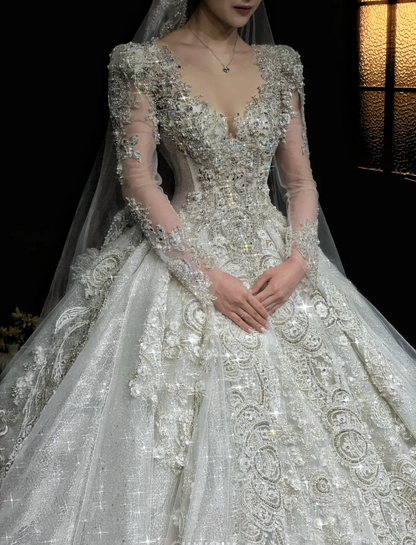 Chic A-Line Long Wedding Dresses Tulle White Bridal Dresses Beaded Long Sleeves Bridal Gown