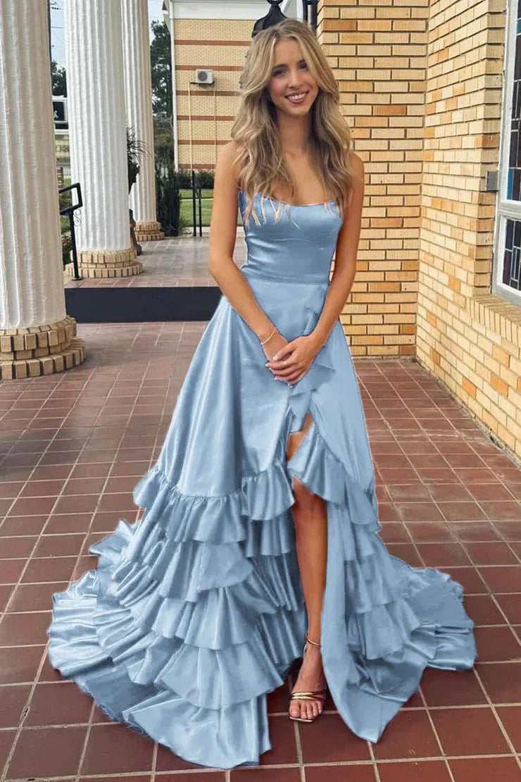 Chic A-line Ruffle Prom Dresses Long Birthday Party Dress With Slit,AST2085