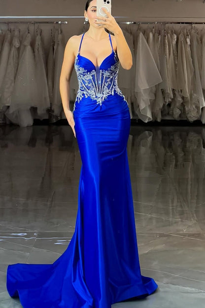 Chic Blue Halterstone Tailored Mermaid Prom Dress