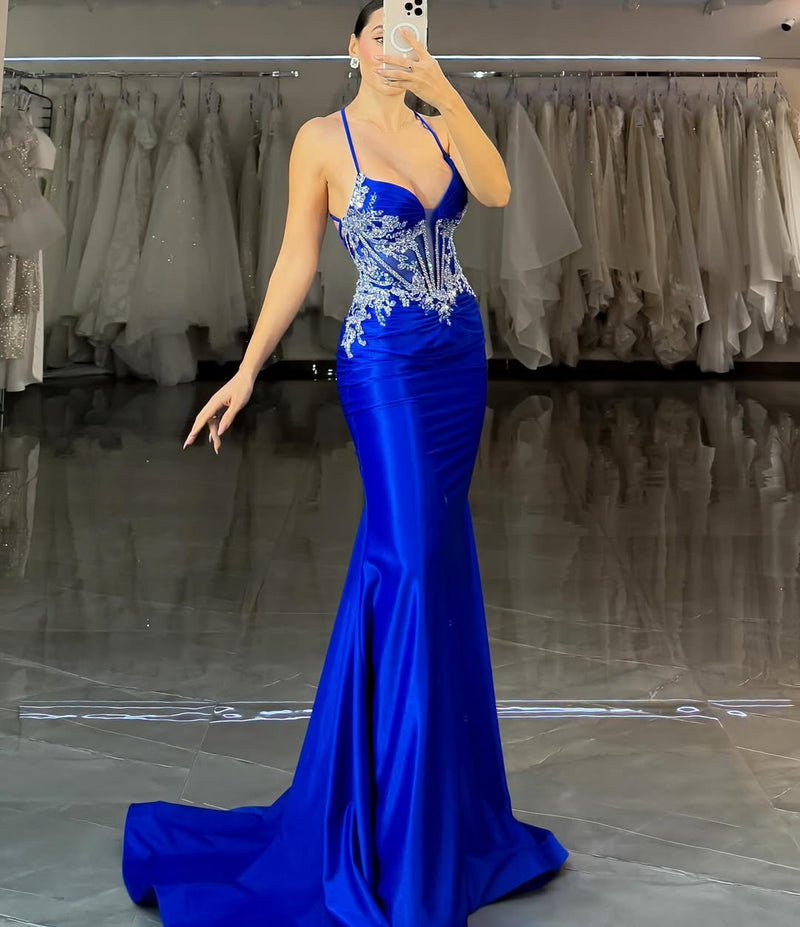 Chic Blue Halterstone Tailored Mermaid Prom Dress