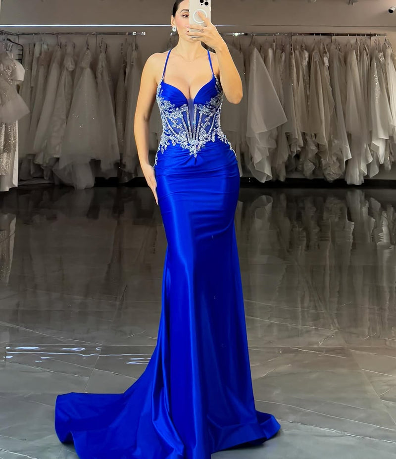 Chic Blue Halterstone Tailored Mermaid Prom Dress