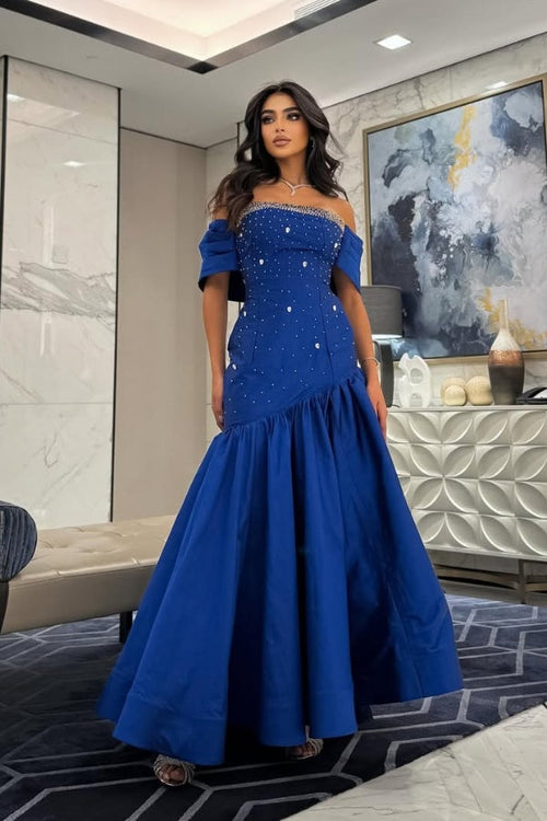 Chic Blue Off-Shoulders Prom Dress Pleated withstone