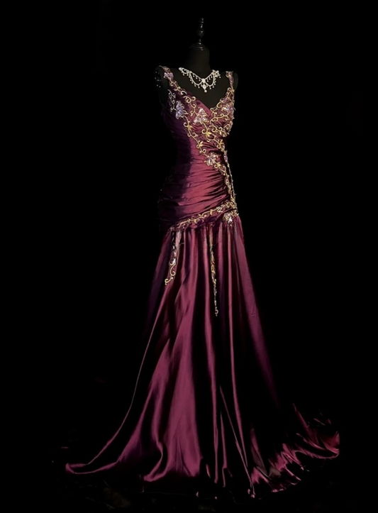 Chic Burgundy Formal Dresses, V-neck A-Line Long Prom Dresses, Embroidery Satin Sleeveless Evening Dresses
