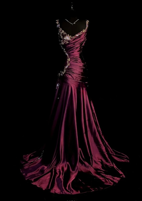 Chic Burgundy Formal Dresses, V-neck A-Line Long Prom Dresses, Embroidery Satin Sleeveless Evening Dresses