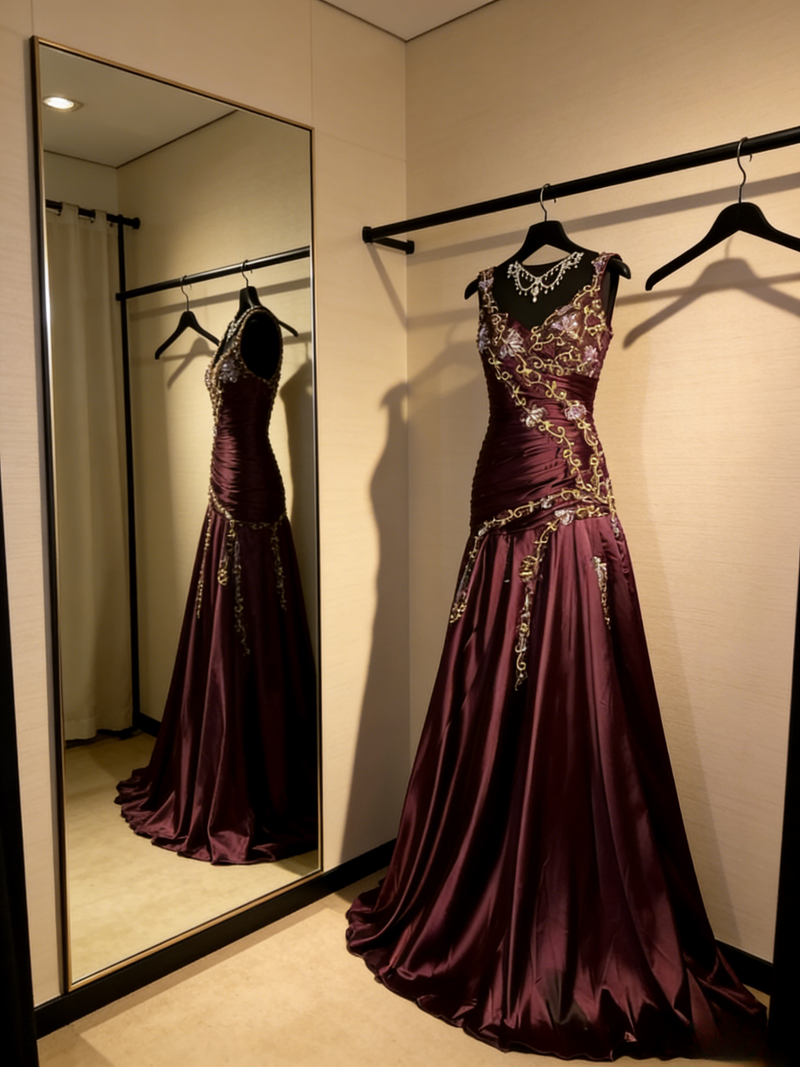Chic Burgundy Formal Dresses, V-neck A-Line Long Prom Dresses, Embroidery Satin Sleeveless Evening Dresses
