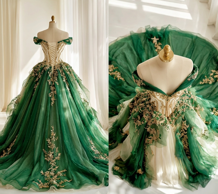 Chic Green Long Prom Dresses Appliques Tulle Off-shoulder A-Line Evening Dresses