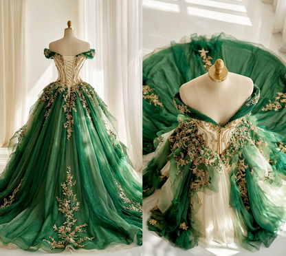 Chic Green Long Prom Dresses Appliques Tulle Off-shoulder A-Line Evening Dresses