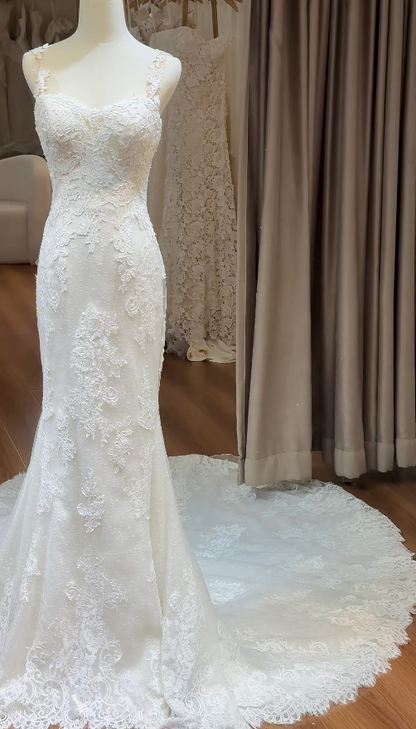 Chic Mermaid Long Wedding Dresses Lace White Bridal Gowns Sweetheart Sleeveless Bridal Dress