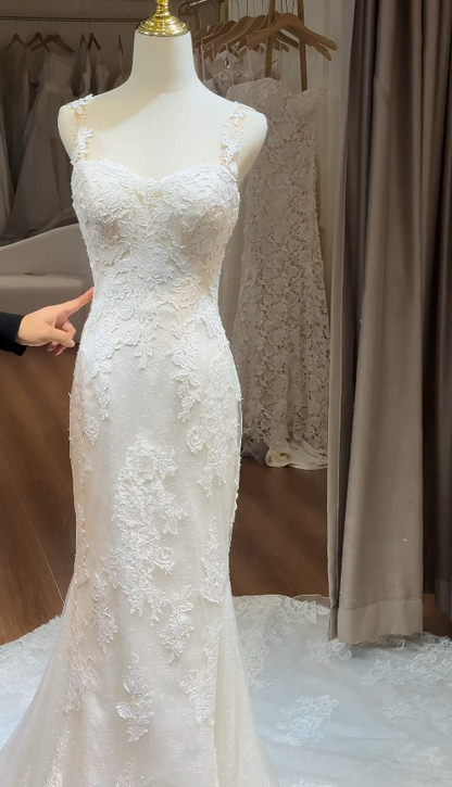 Chic Mermaid Long Wedding Dresses Lace White Bridal Gowns Sweetheart Sleeveless Bridal Dress